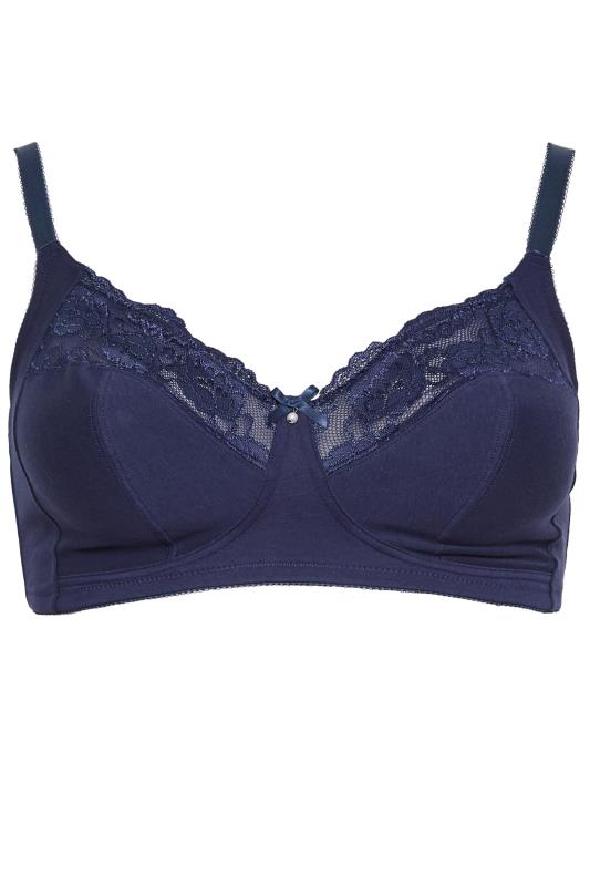 YOURS Plus Size Navy Blue Cotton Lace Trim Non-Wired Bra | Yours Clothing 5