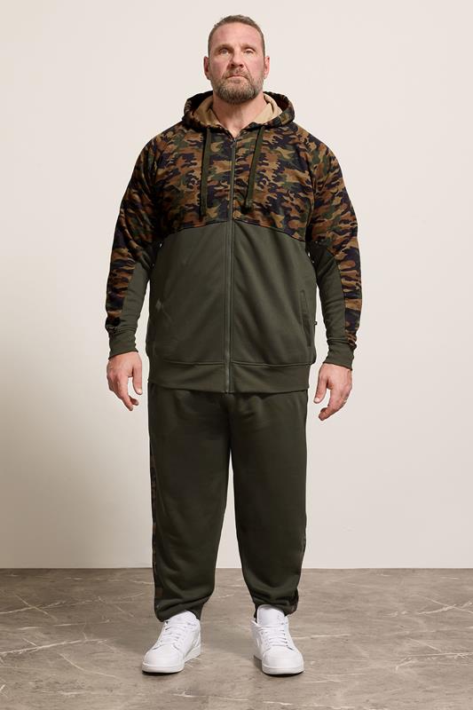 KAM Khaki Green Camo Colour Block Zip Through Hoodie | BadRhino 1
