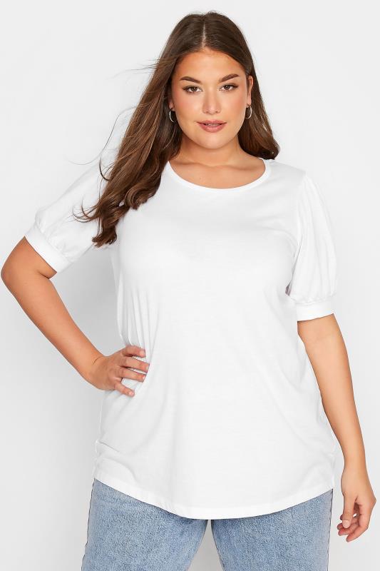  Grande Taille Curve White Puff Sleeve T-Shirt
