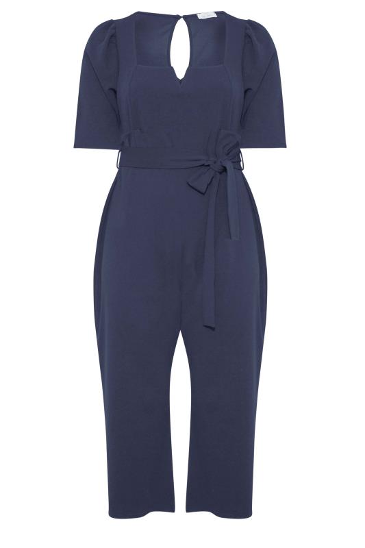 YOURS LONDON Plus Size Navy Blue Notch Neck Tie Waist Jumpsuit | Yours Clothing  6