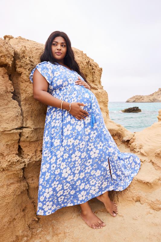 BUMP IT UP MATERNITY Plus Size Blue Floral Print Maxi Dress | Yours Clothing 1