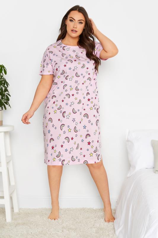 YOURS Plus Size Curve Light Pink Star & Rainbow Print Sleep Tee Nightdress | Yours Clothing  1