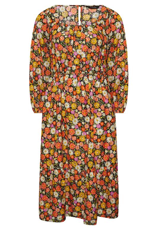 Plus Size Black & Orange Floral Print Balloon Sleeve Midaxi Dress | Yours Clothing 7