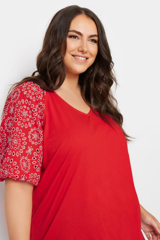 YOURS Plus Size Red Broderie Anglaise Sleeve T-Shirt | Yours Clothing 4