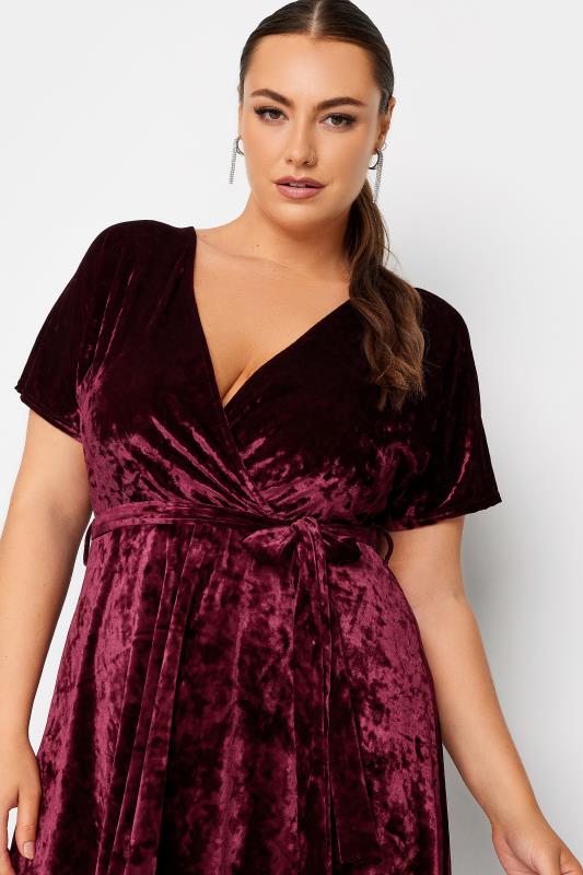 YOURS LONDON Plus Size Wine Red Velvet Wrap Skater Dress | Yours Clothing 5