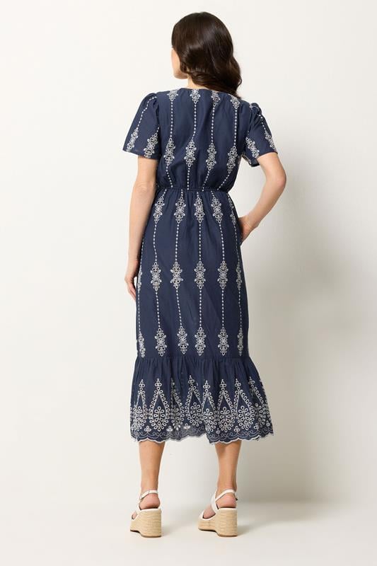 M&Co Navy Blue Broderie Tie Waist Cotton Dress | M&Co 4