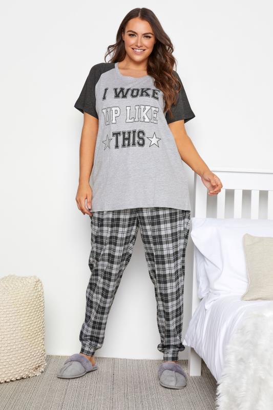 Plus Size Grey 'I Woke Up Like This' Slogan Pyjama Set | Yours Clothing 1