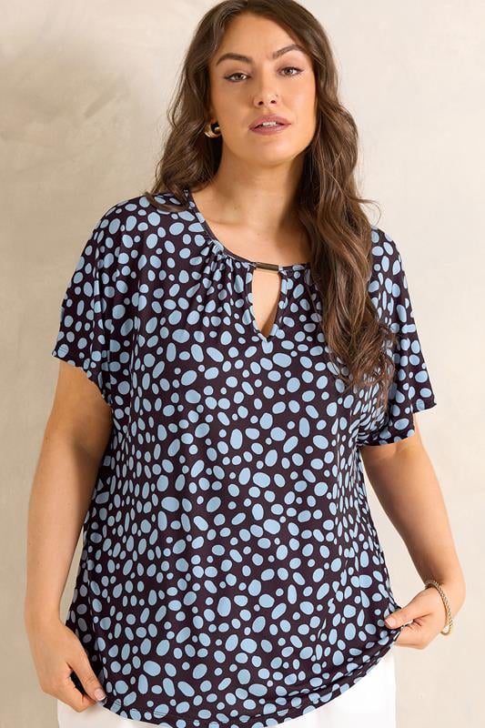  EVANS Curve Blue And Brown Polka Dot Print Bar Detail Top