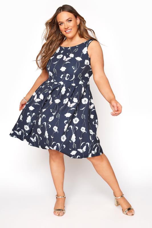 Navy Sleeveless Floral Skater Dress | Yours Clothing
