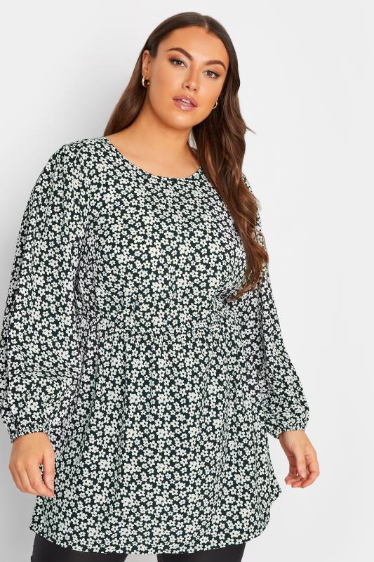 Curve Plus Size Black & White Floral Balloon Sleeve Shirred Waist Peplum Top | Yours Clothing  1