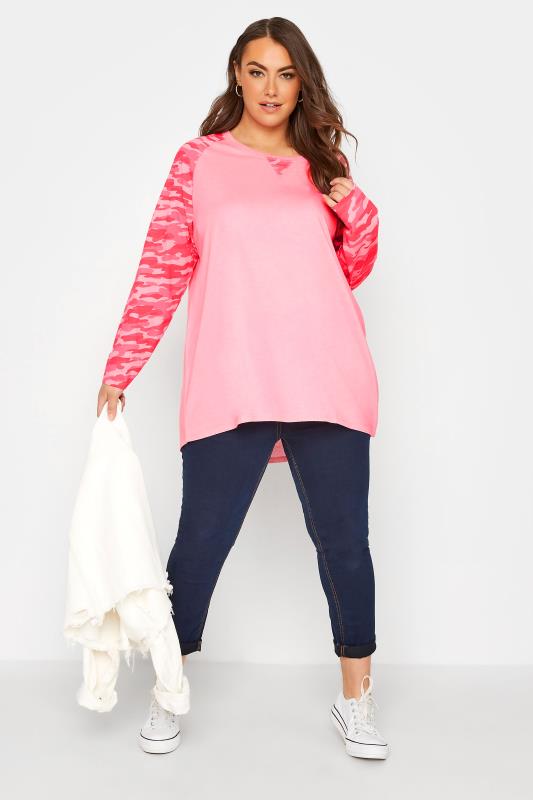 Plus Size Pink Camo Print Long Sleeve T-Shirt | Yours Clothing 2