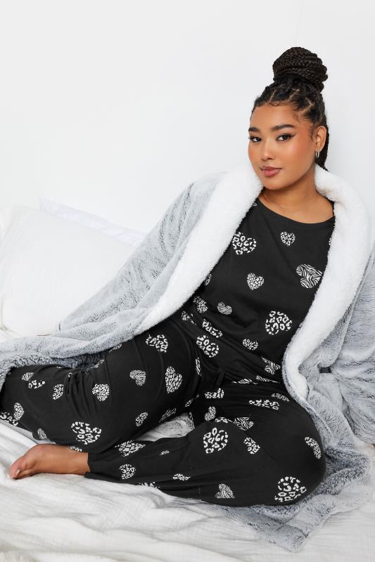 YOURS Plus Size Black Animal Heart Print Pyjama Set | Yours Clothing 5
