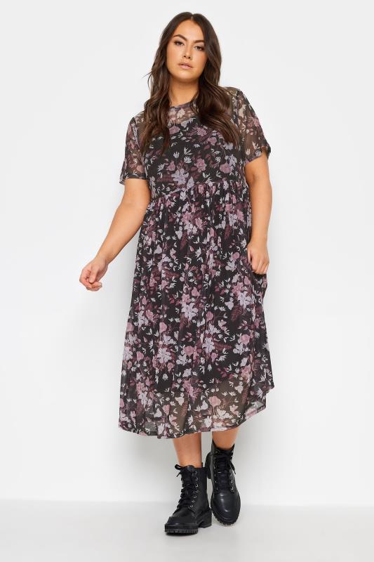 YOURS Plus Size Black Floral Print Mesh Smock Dress | Yours Clothing 1