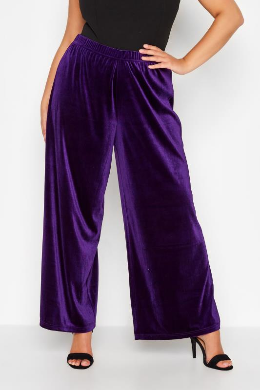  dla puszystych YOURS Curve Purple Wide Leg Stretch Velvet Trousers