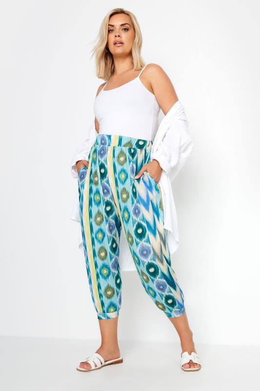 YOURS Plus Size Blue Abstract Print Textured Cropped Harem Trousers | Yours Clothing 2