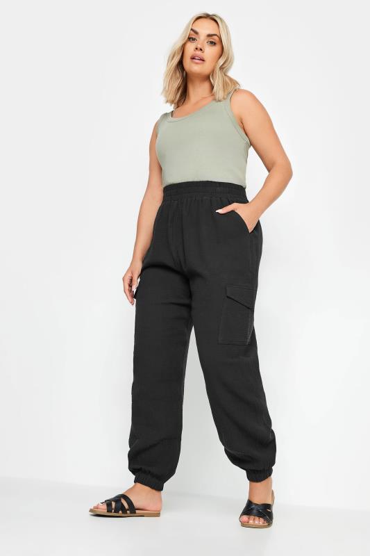 YOURS Plus Size Black Cheesecloth Cuffed Joggers | Yours Clothing 2