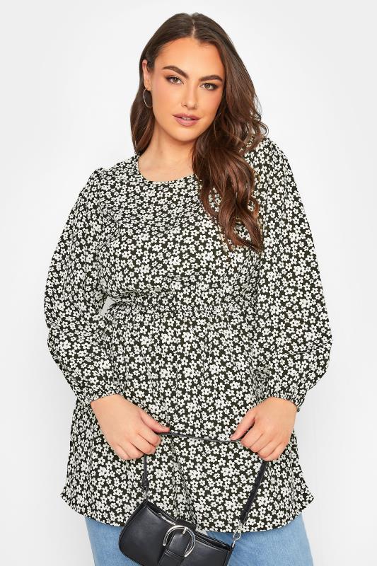 YOURS Curve Plus Size Black Floral Pintuck Shirt | Yours Clothing
