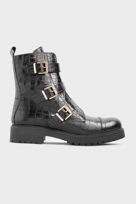 LTS Black Leather Croc Buckle Strap Boots In Standard D Fit 4