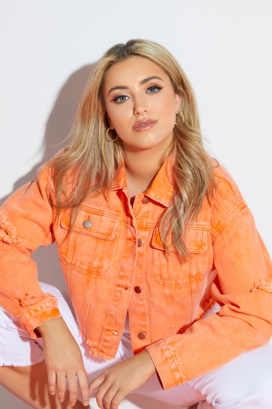 Plus Size Bright Orange Cropped Distressed Denim Jacket | Yours Clothing  2