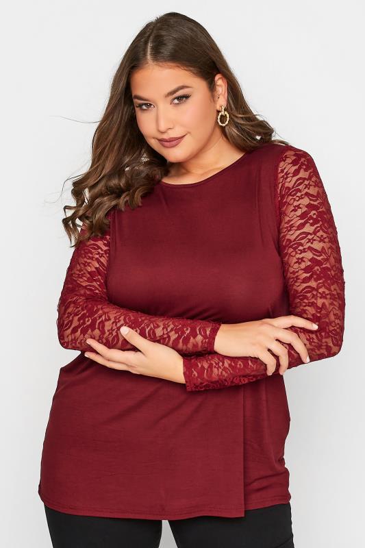 LIMITED COLLECTION Plus Size Wine Red Lace Sleeve Top | Yours Clothing 1