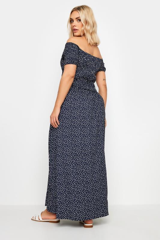 YOURS Plus Size Navy Blue Dot Print Bardot Midaxi Dress | Yours Clothing 3