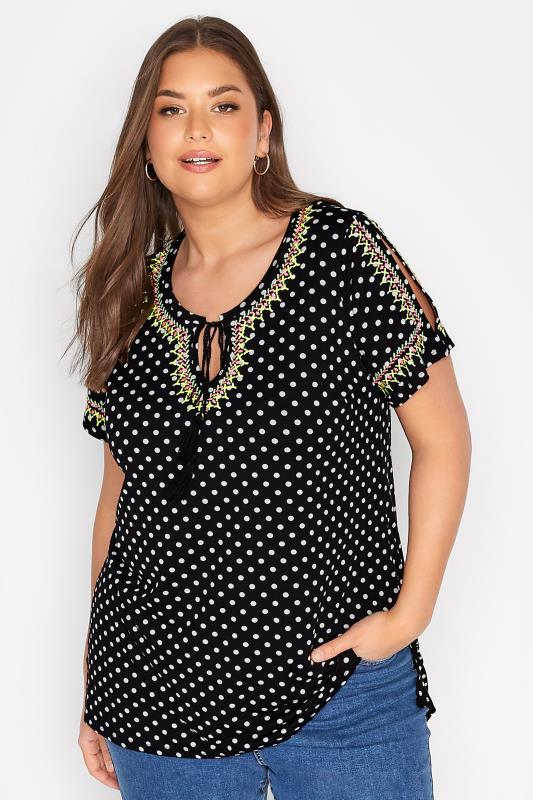 Curve Black Spot Print Embroidered Tie Neck Top_A.jpg