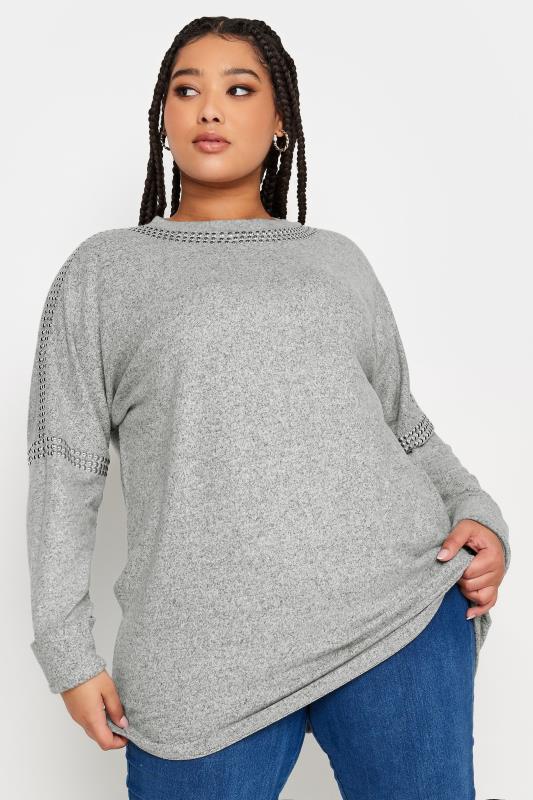 YOURS Plus Size Light Grey Stud Batwing Sleeve Jumper | Yours Clothing 1