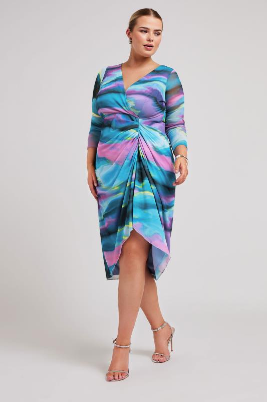 YOURS LONDON Plus Size Blue Abstract Print Mesh Midi Dress | Yours Clothing 2