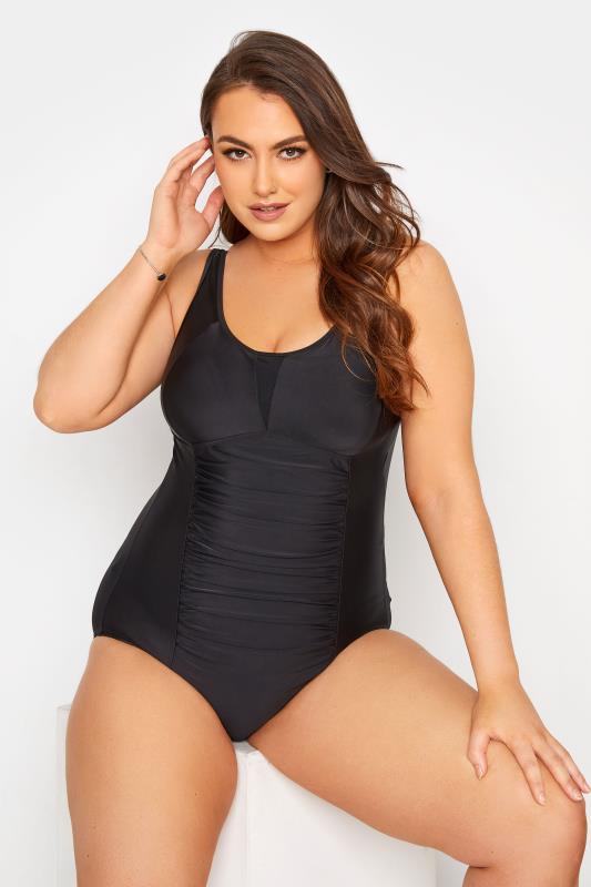 Plus Size Swimsuits YOURS Curve Black Ruched Mesh Tummy Control Swimsuit