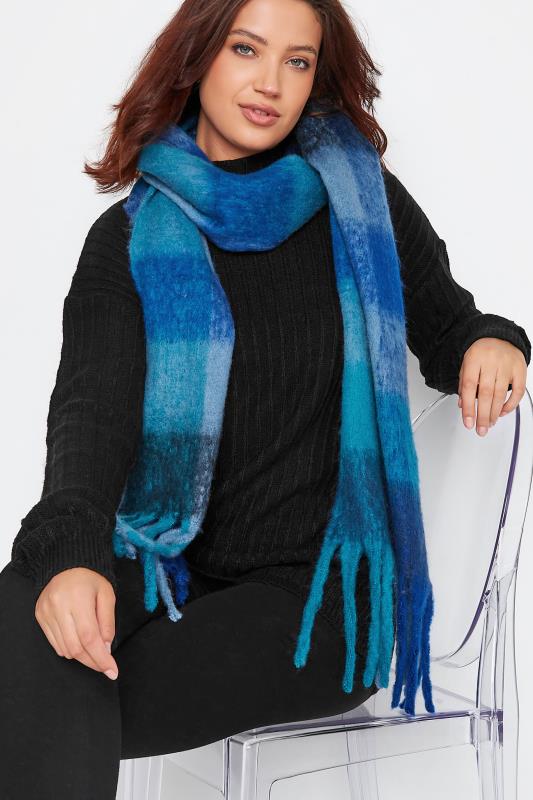 Plus Size  Yours Blue Block Check Chunky Tassel Scarf