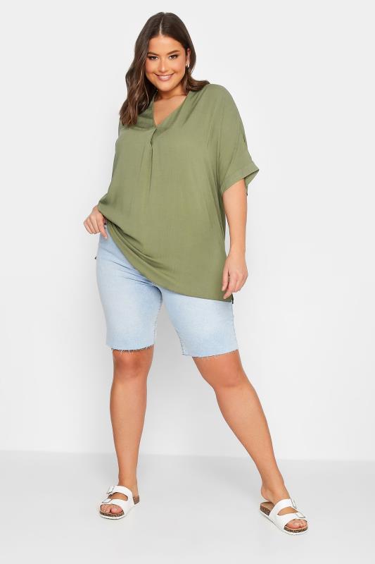 YOURS Curve Plus Size Khaki Green Marl V-Neck Top 2