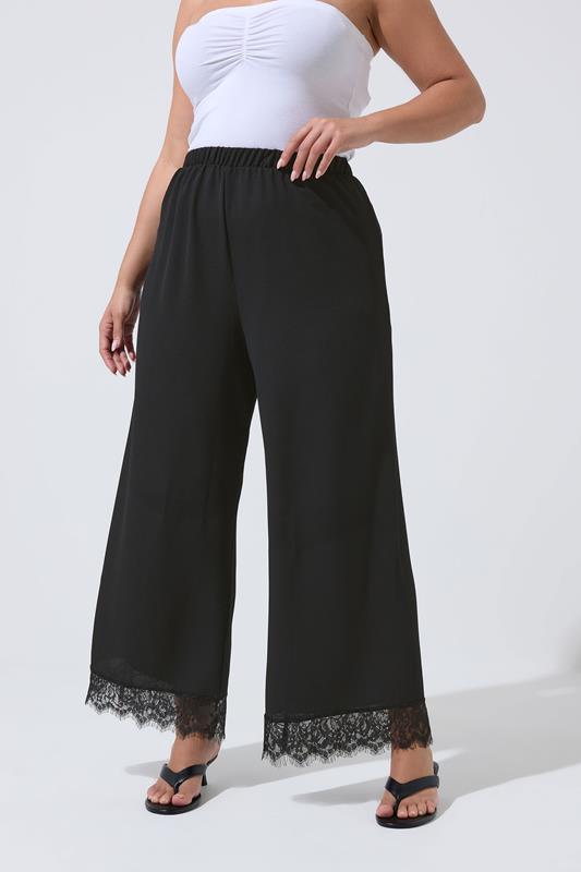 LIMITED COLLECTION Plus Size Black Lace Hem Wide Leg Trousers | Yours Clothing 1