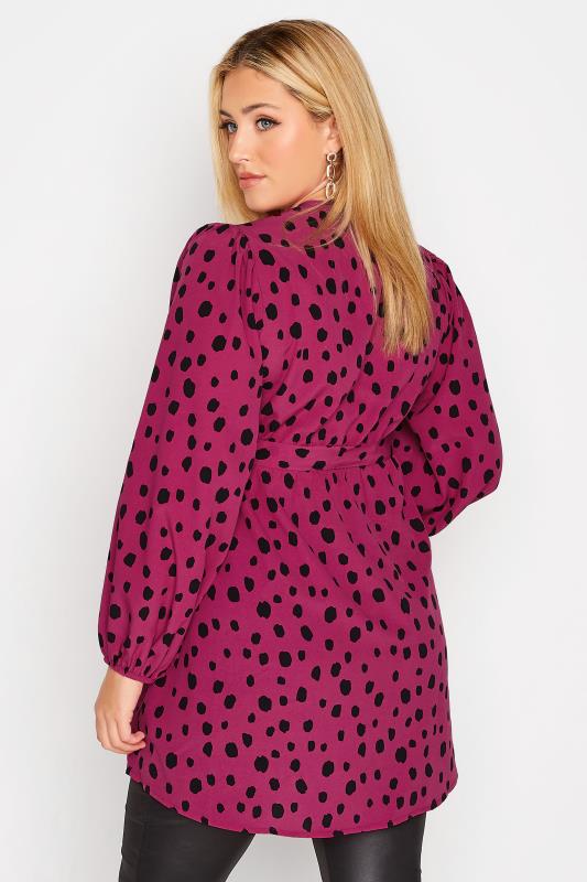 Plus Size Dark Pink Dalmatian Print Balloon Sleeve Wrap Top | Yours Clothing 3