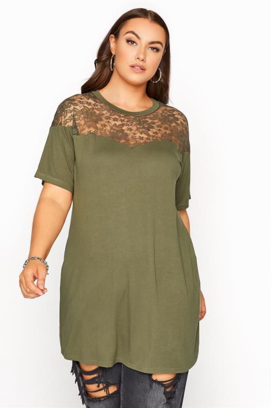  Grande Taille LIMITED COLLECTION Khaki Lace Yoke T-Shirt