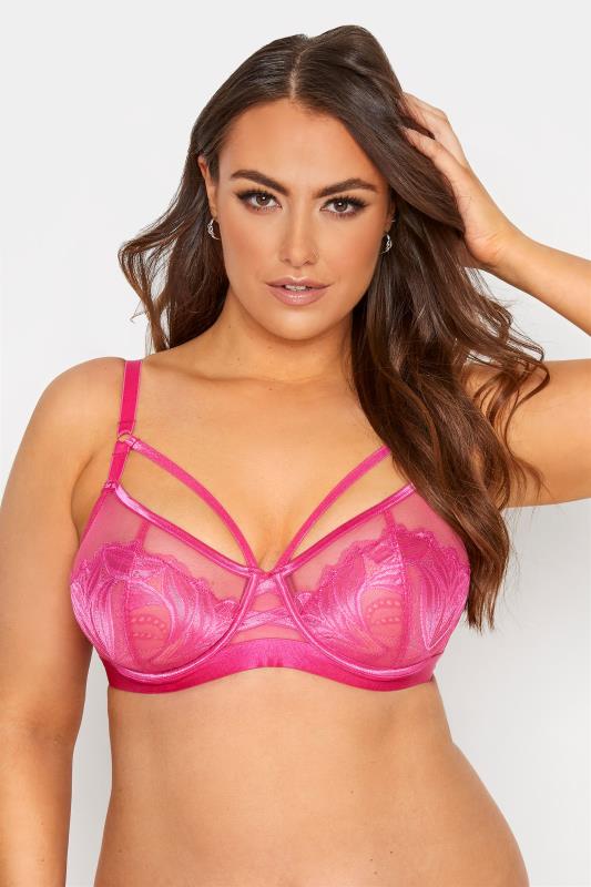 Plus Size  Hot Pink Lace Strap Detail Underwired Bra - Available In Sizes 38DD - 48G