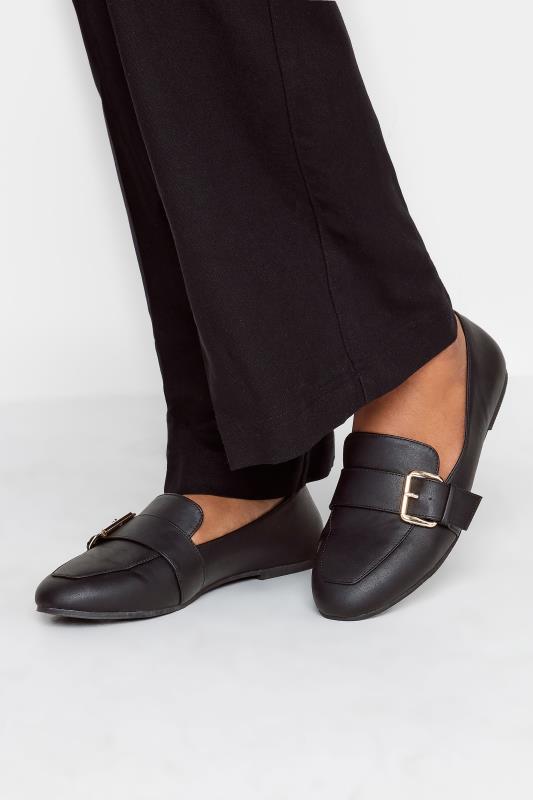  Grande Taille Black Buckle Faux Leather Loafers In Wide E Fit & Extra Wide EEE Fit