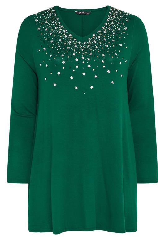 YOURS Plus Size Green Star Stud Embellished Swing Top | Yours Clothing 5