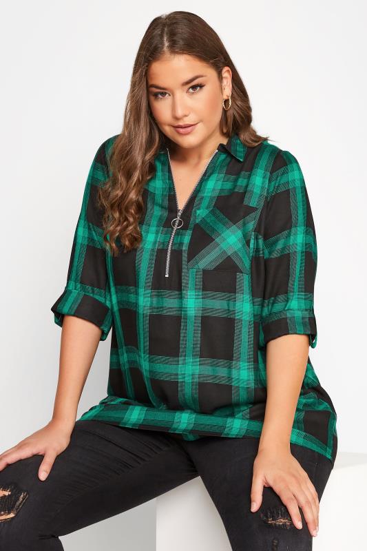 Plus Size  Curve Green & Black Checked Zip Top