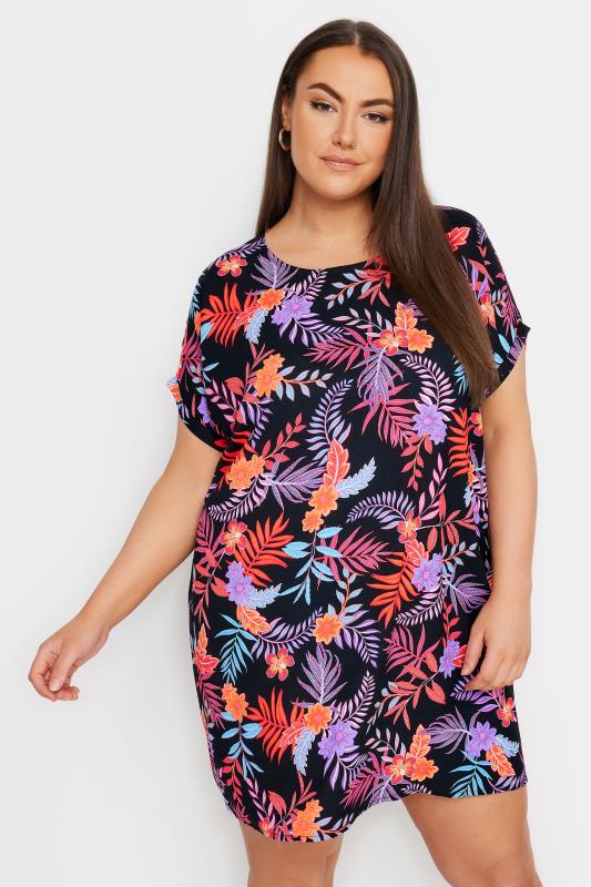 YOURS Plus Size Black Tropical Print Shift Dress | Yours Clothing 4