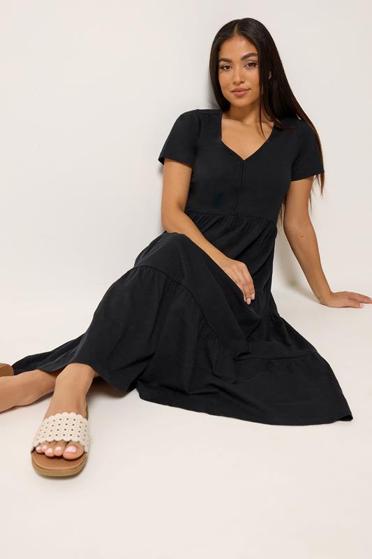 M&Co Petite Black Notch Neck Tiered Cotton Maxi Dress | M&Co 1