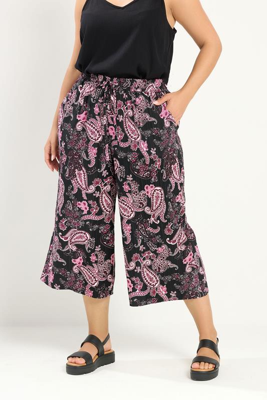YOURS Plus Size Pink Paisley Cropped Trousers | Yours Clothing 1
