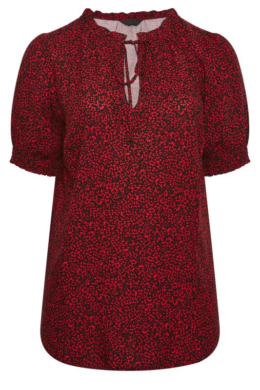 YOURS Plus Size Black & Red Floral Print Tie Neck Blouse | Yours Clothing 6