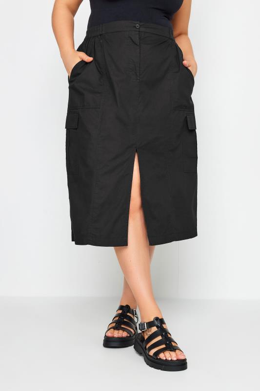 Plus Size  YOURS Curve Black Split Hem Cargo Midi Skirt