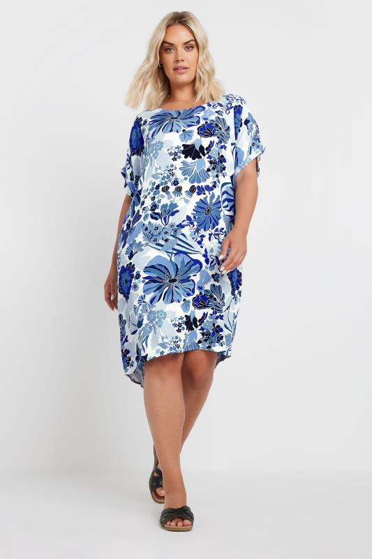YOURS Plus Size Blue Floral Print Tunic Dress | Yours Clothing 1