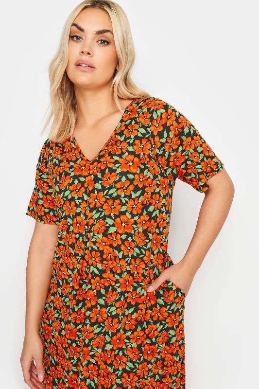 YOURS Plus Size Orange Floral Print Pleated Front Maxi Dress | Yours Clothing 4