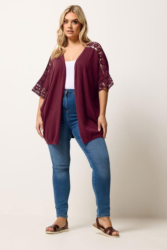 YOURS Plus Size Burgundy Red Crochet Sleeve Kimono | Yours Clothing 1