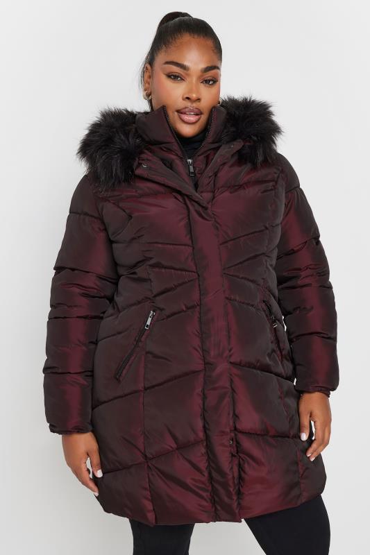 Red padded coat with fur hood sale