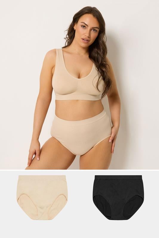 YOURSET Plus Size 3 PACK Black & Nude Seamless Light Control Full Briefs | Yours Clothing  1