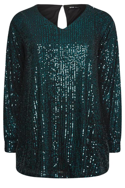 YOURS LONDON Plus Size Dark Green Sequin Embellished Long Sleeve Top | Yours Clothing 5