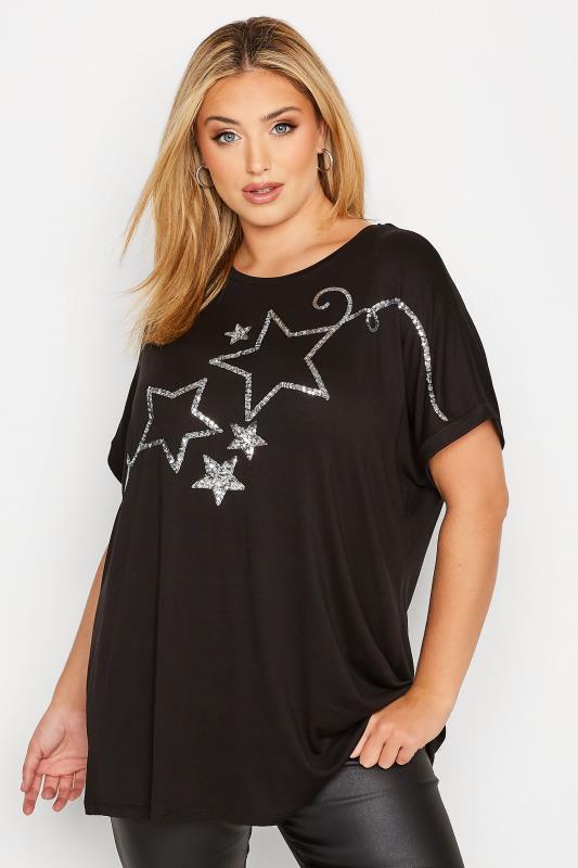Plus Size  Curve Black & Silver Star Sequin T-Shirt